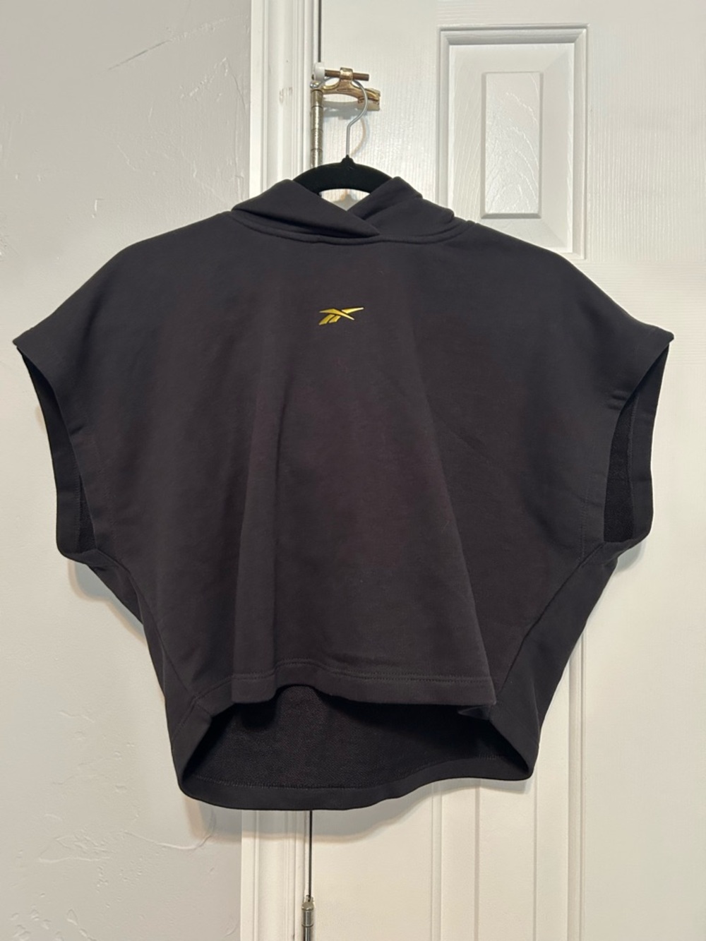 Reebok Women's Black Short-Sleeve Hooded Sweatshirt with Yellow Logo